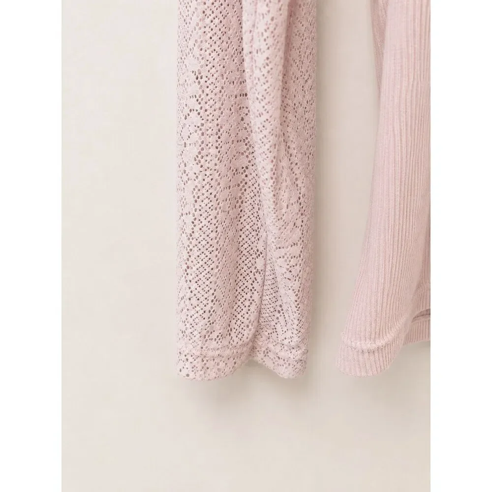 H&M Women Size M Soft Blush Pink Lace Yoke Henley Top Romantic Coquette Pullover